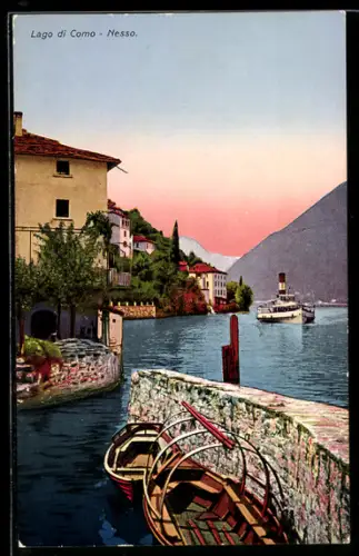 AK Nesso, Uferpartie mit Dampfer bei Dämmerung