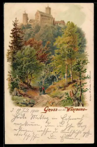 Lithographie Eisenach, Wartburg, Paar beim Spaziergang im Wald unterhalb der Burg