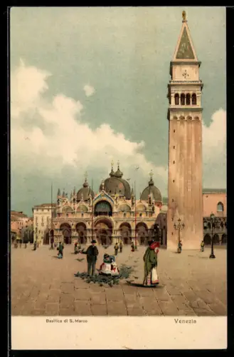 AK Venezia, Basilica di S. Marco, Kirche, Frau füttert Tauben