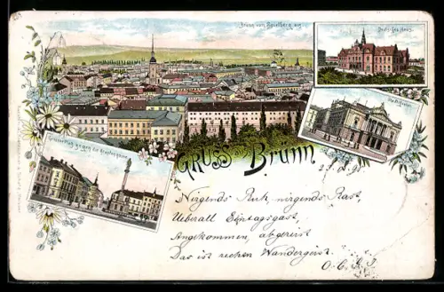 Vorläufer-Lithographie Brünn / Brno, Deutsches Haus, Grosser Platz u. Krapfengasse, Stadttheater