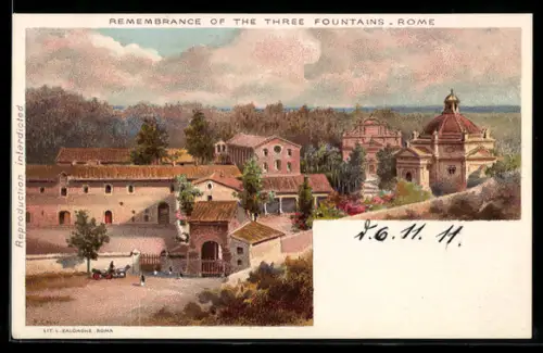 Lithographie Roma, Veduta delle Tre Fontane con edifici storici e paesaggio circostante