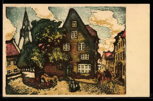 Künstler-AK Tondern, Markt mit Pferden