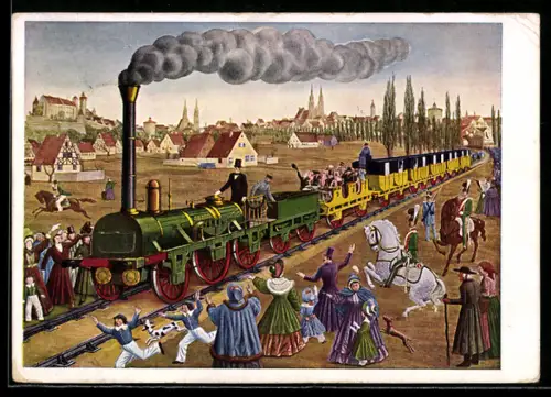 Künstler-AK Nürnberg, Reichsbahn-Ausstellung 1935, 1. deutsche Eisenbahn von Nürnberg nach Fürth
