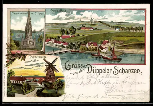 Lithographie Sonderburg, Siegesdenkmal auf dem Düppel, Düppelfeld, Düppelmühle
