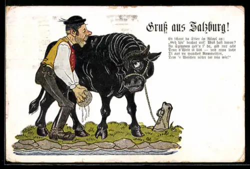 Künstler-AK Salzburg, Es schaut da Stier ön Rüapl an..., Scherz