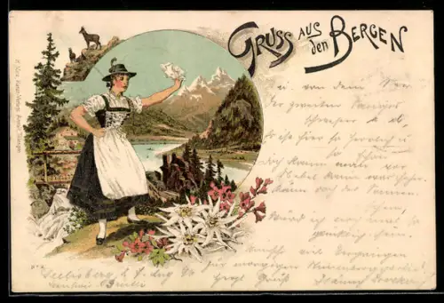 Lithographie Frau in bayrischer Tracht winkt zum Abschied