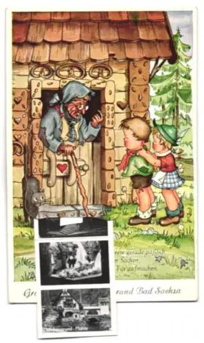 Leporello-AK Bad Sachsa, Märchengrundmühle, Rotkäppchen, Schneewittchen