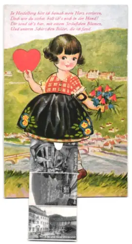 Leporello-AK Heidelberg, Hauptbahnhof, das grosse Fass, Bergbahn und Universität