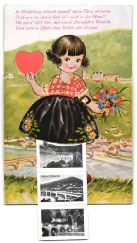 Leporello-AK Heidelberg, Neue Brücke, Schlossbeleuchtung, das grosse Fass und Universität