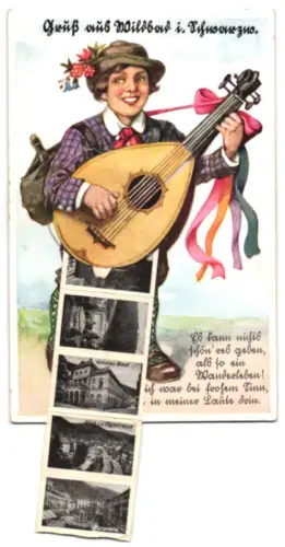 Leporello-AK Wildbad in Schwarzwald, Grosses Bad, Blick von der Olgastrasse und Partie am Kurplatz