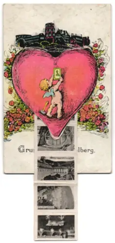 Leporello-AK Heidelberg, Schloss Heidelberg, Schlosshof, Heidelberger Fass, Bergbahn