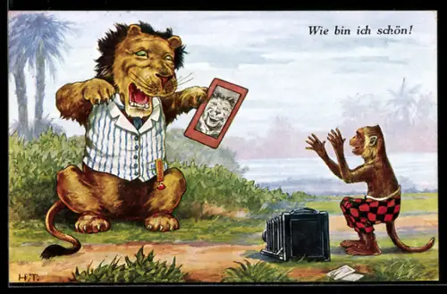 Künstler-AK Löwe mit Foto und Affe am Fotoapparat