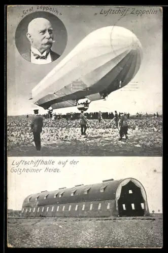 AK Porträt Graf Zeppelin, Luftschiff in der Halle auf der Golzheimer Heide