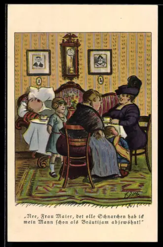 Künstler-AK Heinrich Zille: Frauen unterhalten sich am Kaffeetisch während d. Ehegatte schnarcht