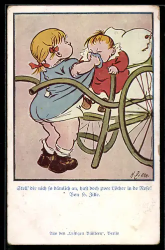 Künstler-AK Heinrich Zille: Stell dir nich so dämlich an..., Mädchen putzt ihrem Geschwisterchen die Nase