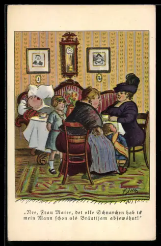 Künstler-AK Heinrich Zille: Dicke Frauen beim Kaffeekranz mit Kindern