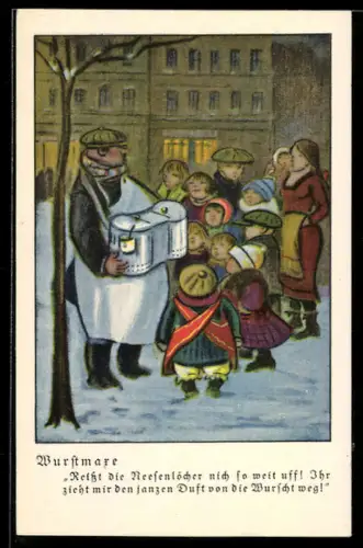 Künstler-AK Heinrich Zille unsign.: Hungrige Kinder riechen Wurstmaxe den Duft von der Wurst