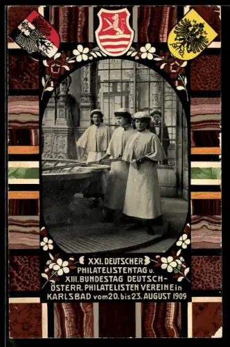 AK Karlsbad, XXI. Deutscher Philatelistentag u. XIII. Bundestag Deutsch-Österr. Phila. Vereine 1909, Wappen