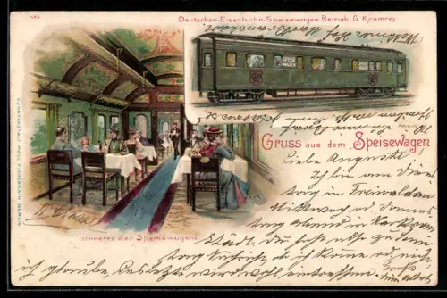 Lithographie Gruss aus dem Speisewagen, Deutscher-Eisenbahn-Speisewagen-Betrieb G. Kromrey & Söhne