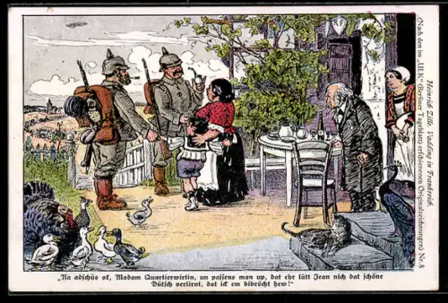 Künstler-AK Heinrich Zille: Deutsche Soldaten verabschieden sich von ihrer französischen Quartierwirtin