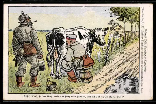 Künstler-AK Heinrich Zille: Vadding in Frankreich, Süh, Korl, so 'ne Kuh weit dat janz vun sülwen, dat ick von ...