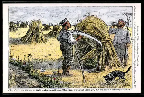 Künstler-AK Heinrich Zille: Soldaten bei der Erntearbeit auf dem Feld