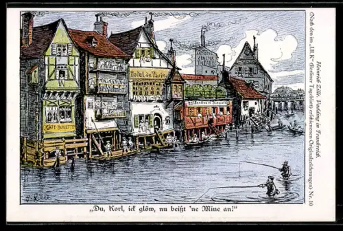 Künstler-AK Heinrich Zille: dt. Soldaten angeln in einem Fluss einer franz. Stadt