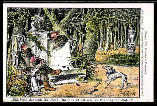 Künstler-AK Heinrich Zille: Vadding in Frankreich, Süh, Korl, dat ierste Veilchen!..., Soldatenhumor