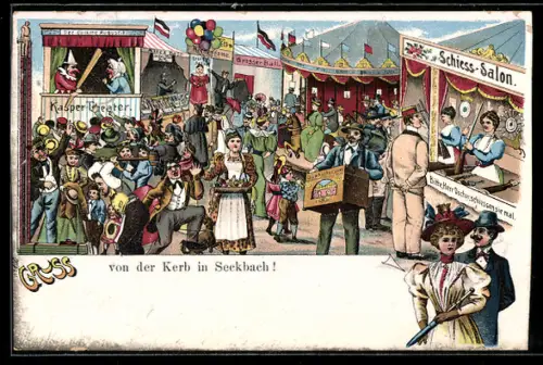 Lithographie Volksfest, Leierkastenmann, Kasper-Theater, Schiessbude, Karusselll
