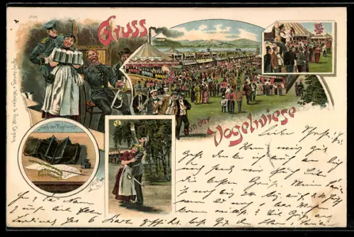 Lithographie Dresdener Vogelwiese, Menschenmenge, Soldaten umwerben eine Schankmaid mit Bier