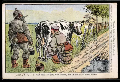 Künstler-AK Heinrich Zille: Vadding in Frankreich, Süh, Korl, so 'ne Kuh weit dat janz vun sülwen, dat ick von ...