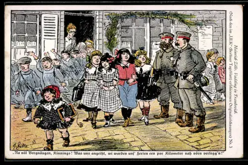 Künstler-AK Heinrich Zille: Vadding in Frankreich, Na väl Vernäugen Kinnings!..., Schulkinder und Soldaten