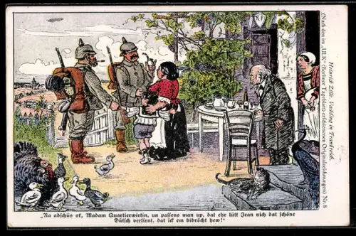 Künstler-AK Heinrich Zille: Deutsche Soldaten verabschieden sich von ihrer französischen Quartierwirtin