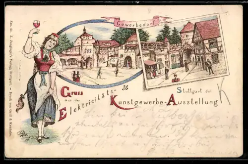 Lithographie Stuttgart, Elektricitäts- & Kunstgewerbe-Ausstellung, Partien im Gewerbedorf