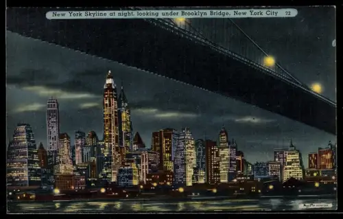 AK New York City, NY, New York Skyline at night, looking under Brooklyn Bridge