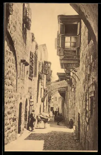 AK Jerusalem, Enge Gasse mit überkragenden Erkern und Bögen, Leidensweg Jesu