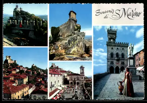 AK S. Marino, Mehrbild-Ansicht mit Festungen, Türmen und Palazzo Pubblico