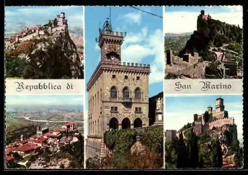 AK San Marino, Mehrbildkarte mit Palazzo Pubblico und Festungen