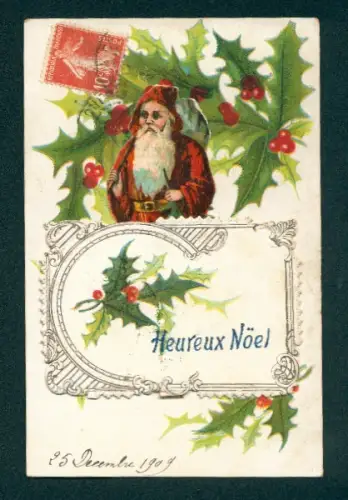 Mechanische-AK Weihnachtsmann mit Stechpalmenzweigen, Weihnachtsgrüsse