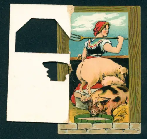 Mechanische-AK Bäuerin hinter einem Zaun mit Schweinen