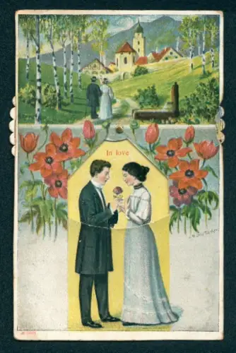 Mechanische-AK Paar verliebt, verlobt, verheiratet und geschieden, Drehscheibe mit den verschiedenen Bildern