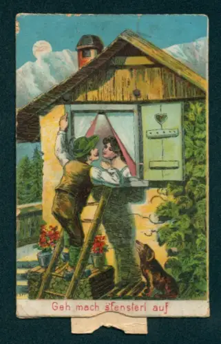 Mechanische-AK Mann steht am Fenster seiner Liebsten, Mechanismus öffnet den Vorhang