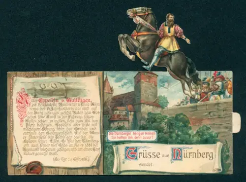 Mechanische-AK Nürnberg, Schloss mit aufklappbarem Ritter Eppelein von Bailingen