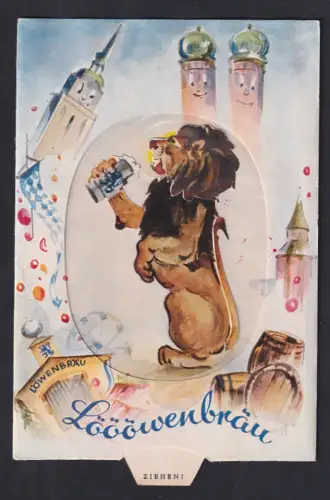 Mechanische-AK Löwenbräu, Löwe trinkt aus dem Bierkrug, Arm, Kopf und Schwanz bewegen sich