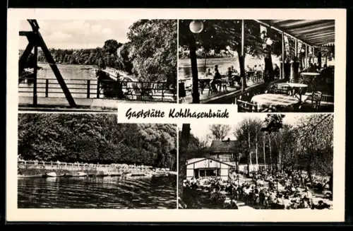 AK Berlin-Wannsee, Gasthaus Kohlhasenbrück, Inh. Alfred Söhnel, Terrasse, Biergarten, Bootsanleger