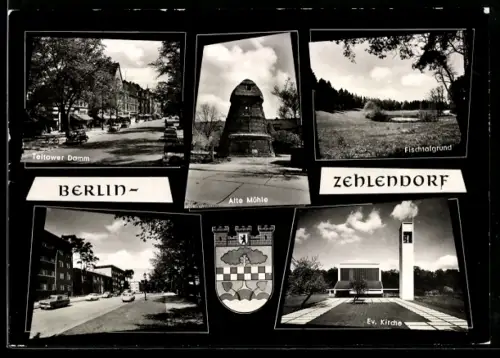 AK Berlin-Zehlendorf, Teltower Damm, Alte Mühle, Fischtalgrund, Ev. Kirche