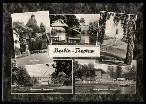 AK Berlin-Treptow, Rathaus, Altbrücke, Sowjetisches Ehrenmal, Archenhold-Sternwarte, HO-Gaststätte Zenner