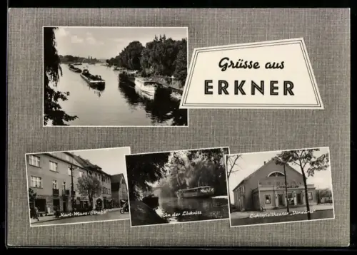 AK Erkner, Karl-Marx-Strasse, an der Löcknitz, Lichtspieltheater Vorwärts