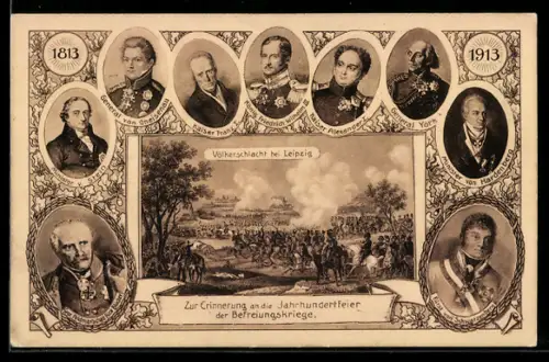 AK Leipzig, Völkerschlacht, Erinnerung a.d. Jahrhundertfeier der Befreiungskriege 1813-1913, York, Gneisenau