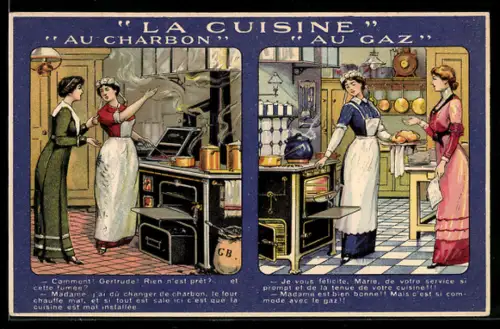 AK Dienstmädchen zeigt der Hausherrin den Ofen - La Cuisine au charbon et au gaz, Reklame